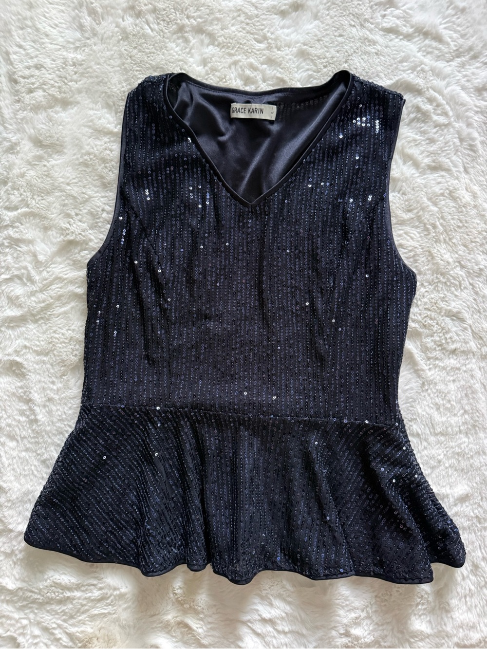 NWOT Grace Karin Navy Sleeveless Sequin Peplum Top